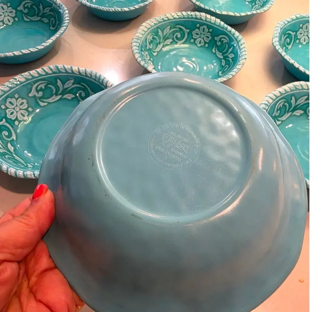 Set of Turquoise Floral Melanine bowls /Italian Style /5 piece